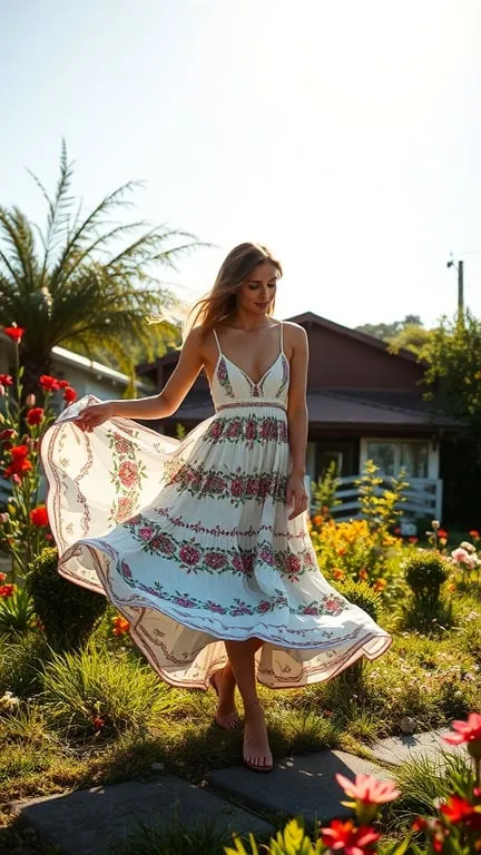 A woman in a bohemian maxi dress twirling in a garden filled with flowers.