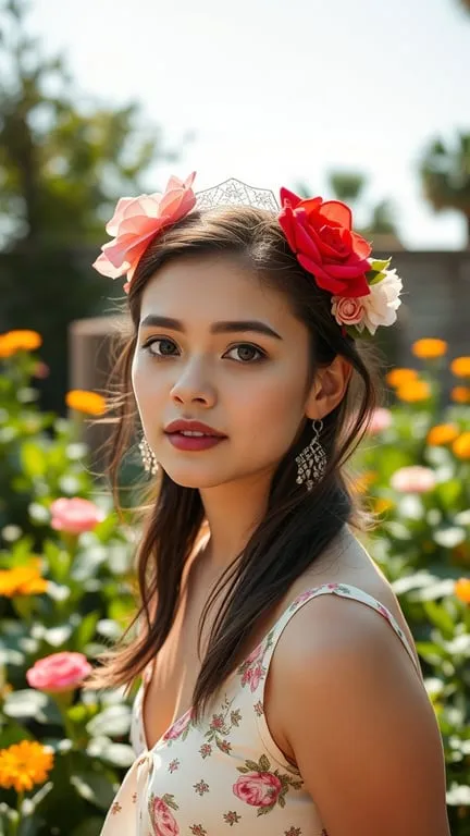 A young woman with floral hair accessories in a garden setting