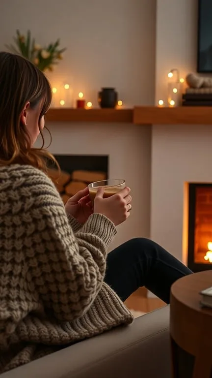 A woman in a cozy knit sweater holding a warm drink by a fireplace.