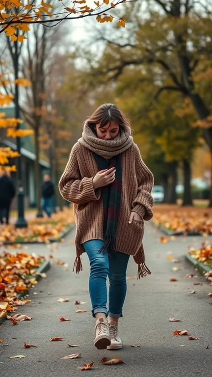 A woman walking in a park during fall, wearing a cozy oversized sweater and a scarf, surrounded by autumn leaves.