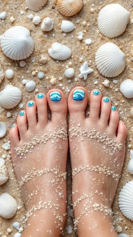 Close-up of feet with ocean wave nail designs on sandy beach surrounded by seashells