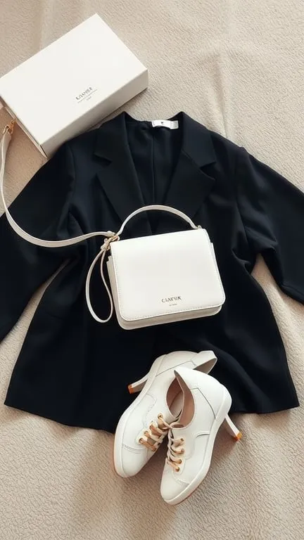 A stylish black blazer, white handbag, and white shoes arranged on a light background.