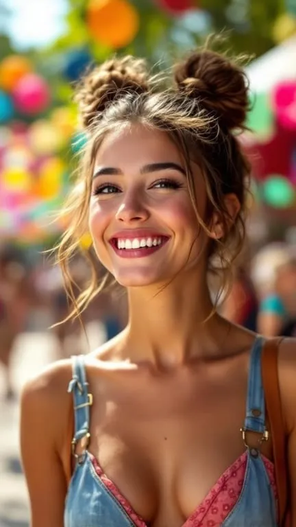 A woman smiling with playful space buns hairstyle, wearing a denim outfit.