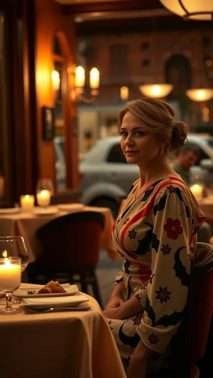 A woman in a wrap dress sitting at a candlelit table in a restaurant.