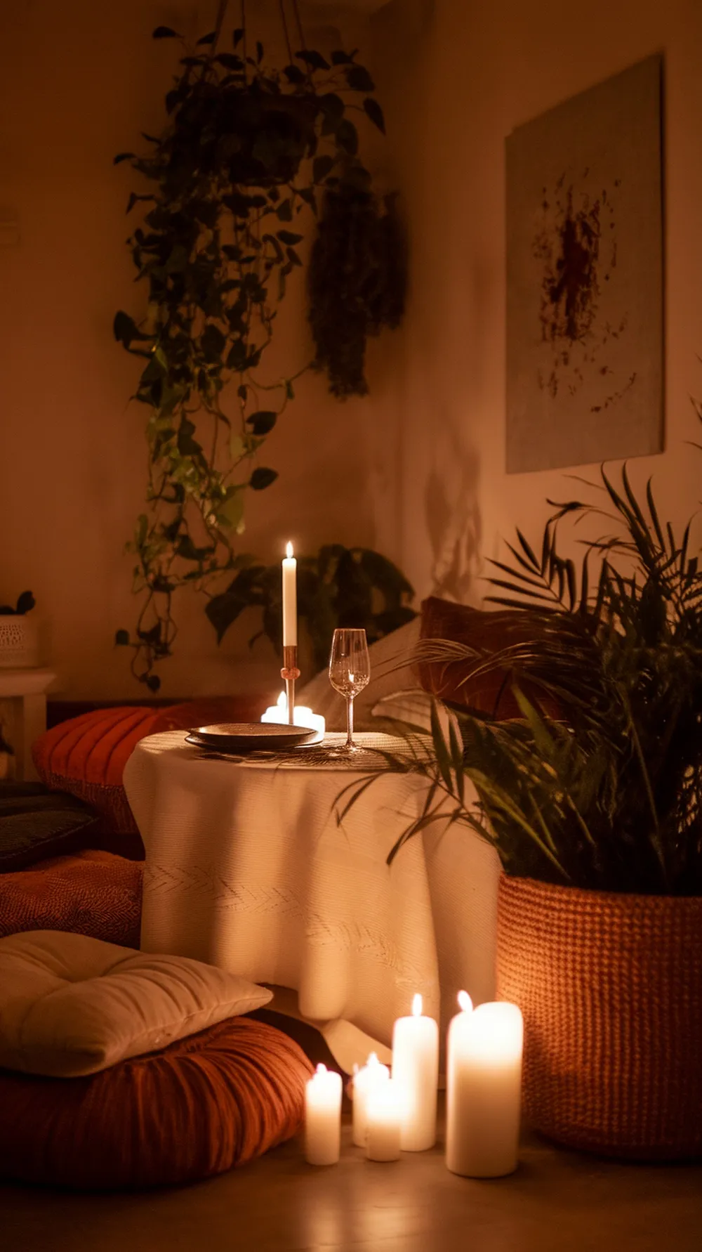 Cozy romantic setup with candles, plants, and cushions for a date night.
