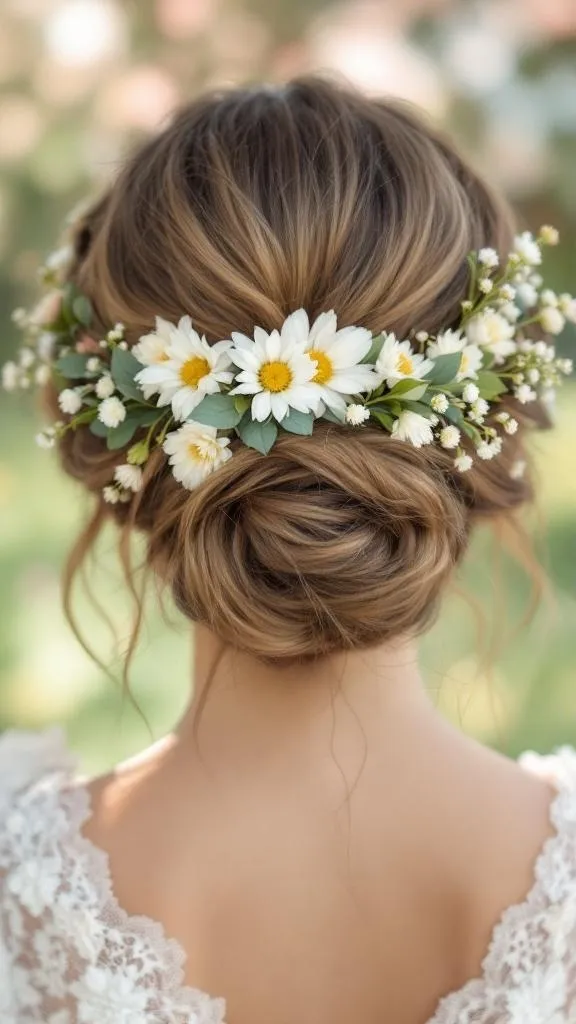 A woman with a floral accented bun hairstyle, featuring daisies and greenery.