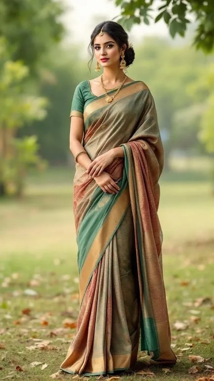 A woman in a traditional saree with earthy tones, showcasing elegance and grace.