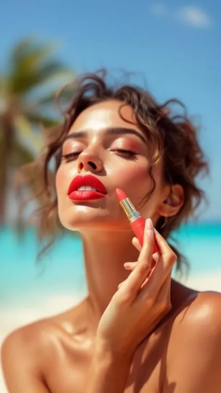 A woman holding a vibrant coral lipstick with a beautiful smile, showcasing summer makeup.