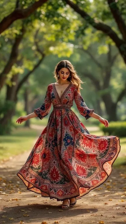 A woman twirling in a vibrant maxi dress with Indian prints, surrounded by greenery.