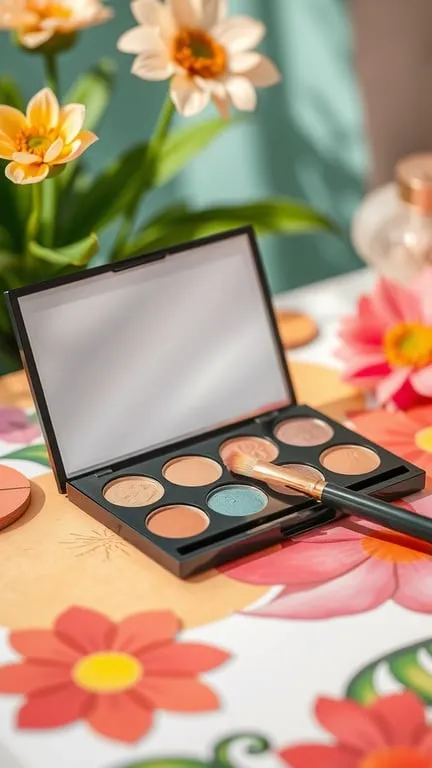 Colorful eyeshadow palette with various shades on a floral background