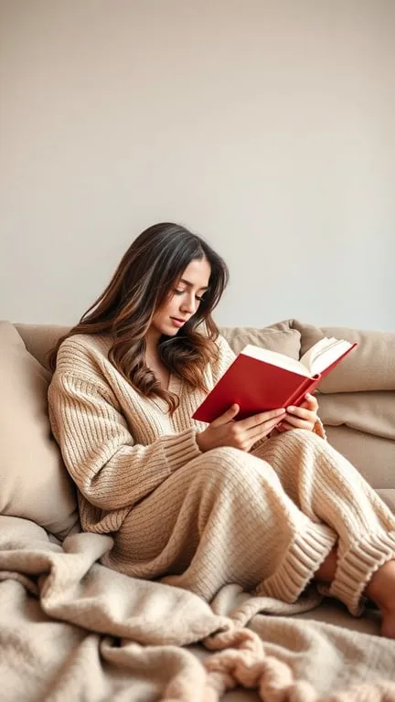 A woman in cozy loungewear reading a book on a couch