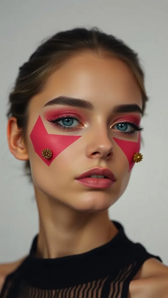 Model with geometric blush patterns on her cheeks, featuring vibrant pink and golden accents.