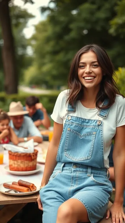 A woman wearing relaxed fit overalls, smiling at a picnic setting.