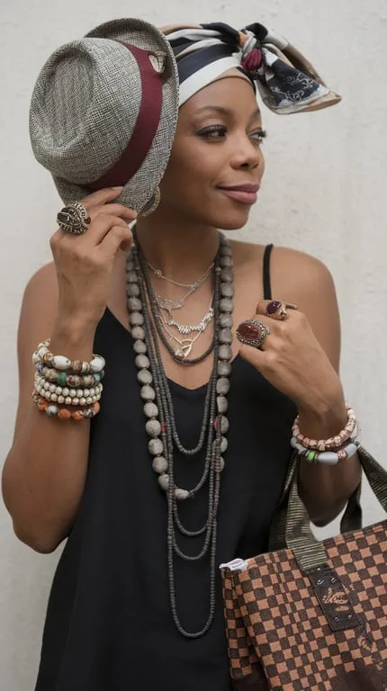 A woman wearing a stylish hat, layered necklaces, and multiple bracelets, showcasing her unique accessories.