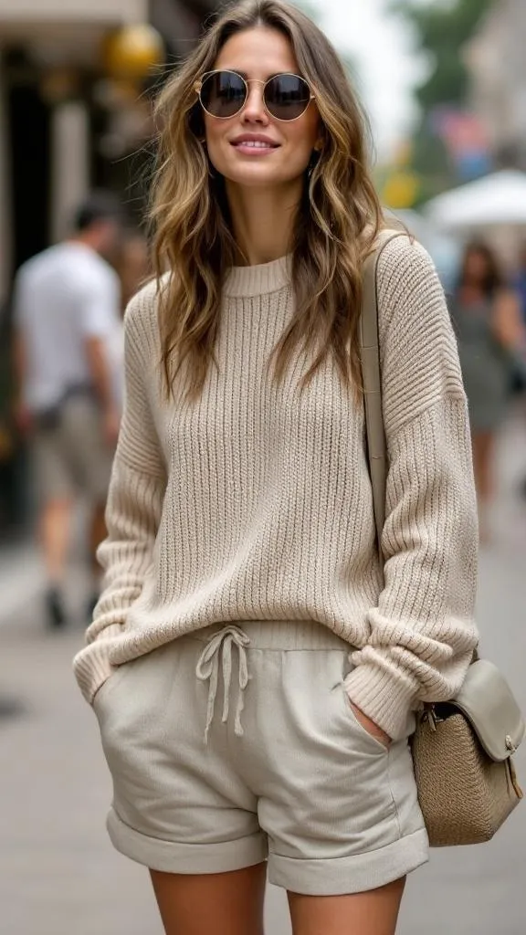 A woman wearing a light beige sweater and shorts, accessorized with sunglasses and a bag, standing outdoors.