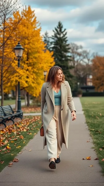 A woman walking in a park wearing a stylish duster coat with autumn leaves around.