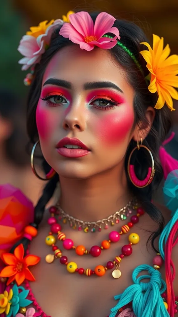 A model with bright pink and coral blush, floral accessories, and colorful necklaces, embodying a vibrant festival-inspired makeup look.