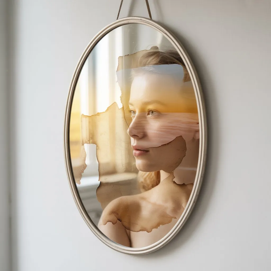 A minimalist oval mirror with an ornate silver frame hangs on a pristine white wall, its surface displaying an ethereal, dreamlike reflection instead of reality. Within the mirror's depths, soft watercolor washes of golden sunrise hues blend seamlessly with the cream and sepia tones of aged parchment, while gentle impressions of warm flesh tones and the play of light across distinctive features merge in abstract harmony. The blurred, artistic composition within the mirror creates a sense of introspective depth, as if capturing the essence of memory and identity rather than physical appearance. Subtle ambient lighting casts a gentle glow on the mirror's frame, emphasizing its role as a portal to inner reflection rather than mere surface observation.