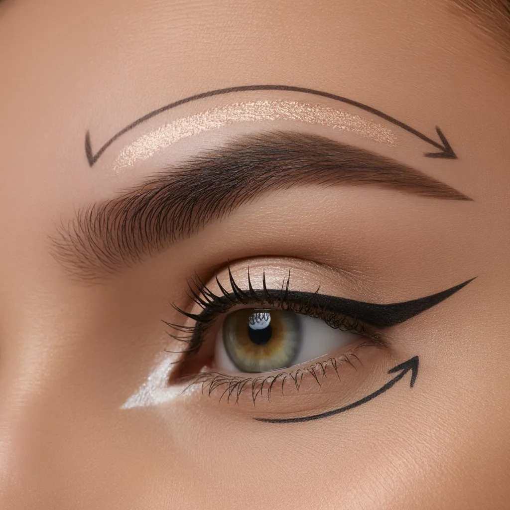 A close-up beauty photograph showcasing a perfectly sculpted eyebrow and eye with flawless makeup application. The brow features a precise arch with individual hairs clearly defined, while the eye displays expertly blended eyeshadow in neutral tones with sharp winged eyeliner and long, defined lashes. Two sleek arrows point to strategic highlight placement: one indicating the area just beneath the brow's arch, and another at the inner corner of the eye, both spots glowing with a subtle champagne shimmer that catches the light. The image is shot with professional studio lighting against a clean background, emphasizing the technical precision of the makeup artistry and highlighting techniques.