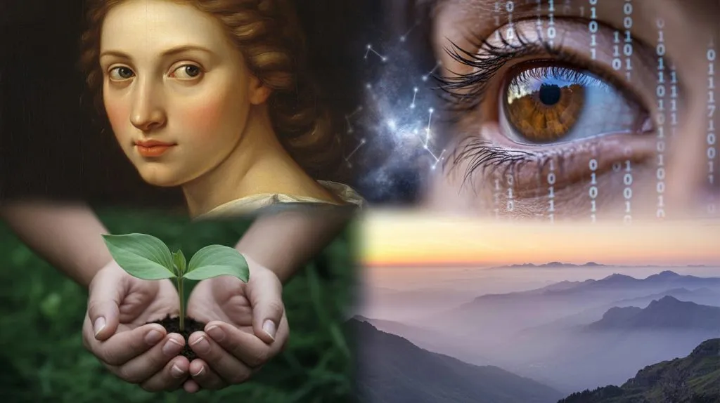 A composite digital artwork divided into four softly blending quadrants, each representing different aspects of human beauty and depth. The upper left quadrant features a Renaissance-style oil painting of a serene face with classical proportions and warm, golden skin tones. The upper right shows an extreme close-up of a contemplative brown eye, its iris reflecting streams of glowing blue binary code interwoven with silver constellation patterns against a deep cosmic backdrop. The lower left quadrant depicts gentle hands cupped protectively around a luminous green seedling, its delicate leaves casting a soft emerald glow in the dim, nurturing light. The final quadrant presents a misty mountain range at dawn, with layers of purple and pink peaks fading into a pale golden sky, evoking profound tranquility and spiritual connection.