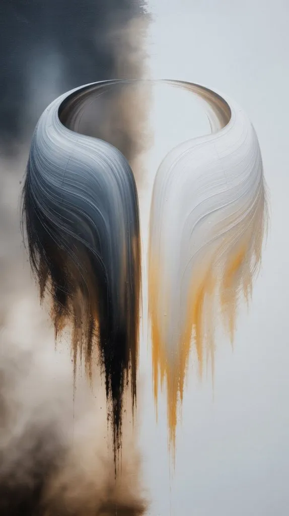 A conceptual abstract artwork showcasing the transformation from burden to lightness through two contrasting forms. On the left side, a heavy, downward-curving shape rendered in deep charcoal grays and muddy browns with smudged, blurred edges that seem to sink into the canvas. On the right side, the identical form is reimagined with crisp, upward-sweeping brushstrokes in luminous whites and pale yellows, creating a sense of weightlessness and ascension. The background transitions from a somber, muted tone on the left to a bright, airy space on the right, emphasizing the philosophical journey from heaviness to elevation.