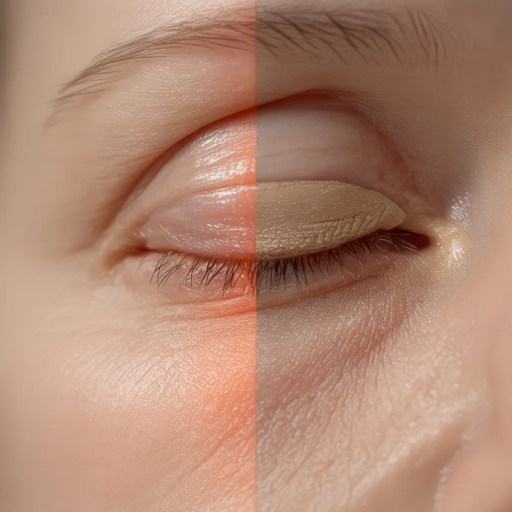 A detailed macro photograph of a human eyelid captured in extreme close-up, showcasing the dramatic difference between prepared and unprepared skin. The left half displays natural, bare skin with subtle texture variations, fine lines, and gentle discoloration in warm peachy and pink tones. The right half features a flawlessly applied eyeshadow primer creating a smooth, matte surface with uniform coverage in a neutral beige tone. Soft, diffused lighting illuminates the delicate skin texture and emphasizes the stark contrast between the two halves, while the shallow depth of field keeps the focus razor-sharp on the eyelid's surface details.
