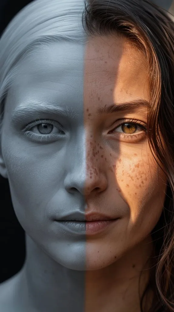 A high-contrast artistic portrait photograph showcasing a person's face split down the middle in a powerful duality composition. The left half appears as a flawless, marble-like representation with smooth, symmetrical features and cool lighting, while the right half celebrates authentic human character with visible freckles scattered across the cheek, a distinctively curved nose, and gentle laugh lines etched around the eye. The contrasting halves are illuminated by dramatically different lighting—cool, even studio light on the statuesque side and warm, golden natural light streaming across the lived-in features. The background fades to deep black, emphasizing the striking visual metaphor between idealized perfection and authentic human beauty.