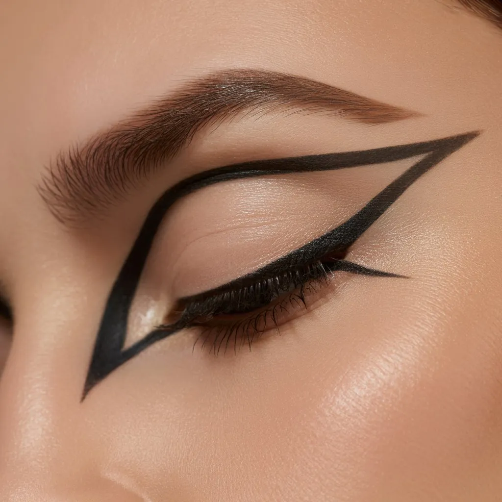A close-up beauty photograph showcasing a closed eye with dramatic angular eyeliner in an unusual