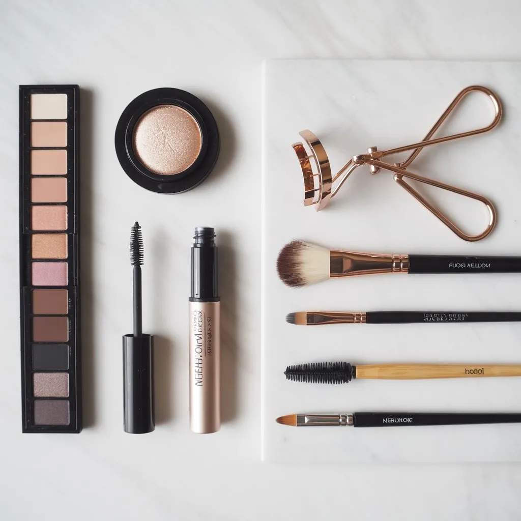 A beautiful, organized flat lay of the essential toolkit. On one side, a neutral matte palette, a single pot of champagne shimmer, a gel eyeliner pot, and a waterproof mascara. On the other side, the matching tools: an eyelash curler, a small tapered blending brush, a pencil brush, and a flat shader brush.