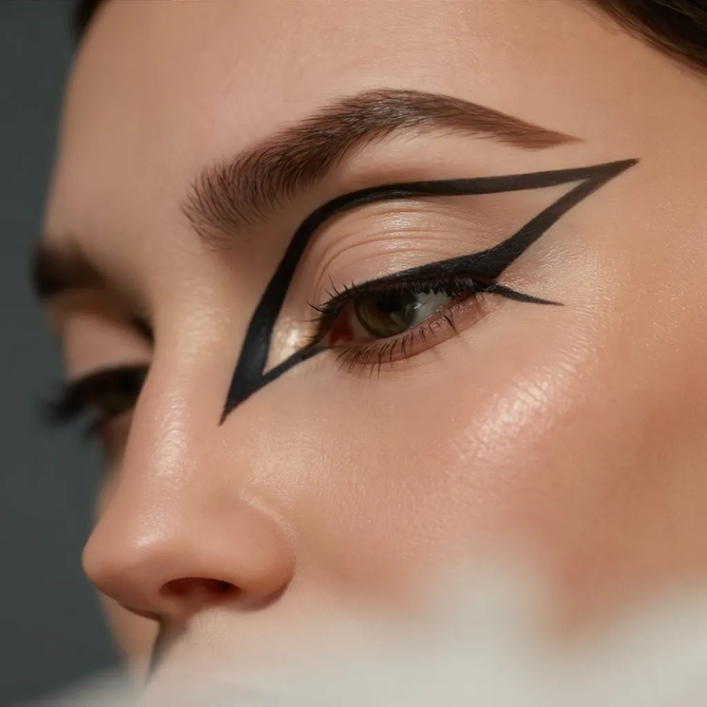 A close-up studio portrait focuses on a single eye, showcasing flawless, lifted winged eyeliner. The perfectly sharp, straight liner extends dramatically, elegantly folding over the eyelid crease, emphasizing the eye’s shape and creating a striking visual impact. The skin surrounding the eye appears smooth and radiant, illuminated by soft, diffused studio lighting. A subtle shadow adds depth and dimension to the eye, highlighting the precision and artistry of the makeup application.
