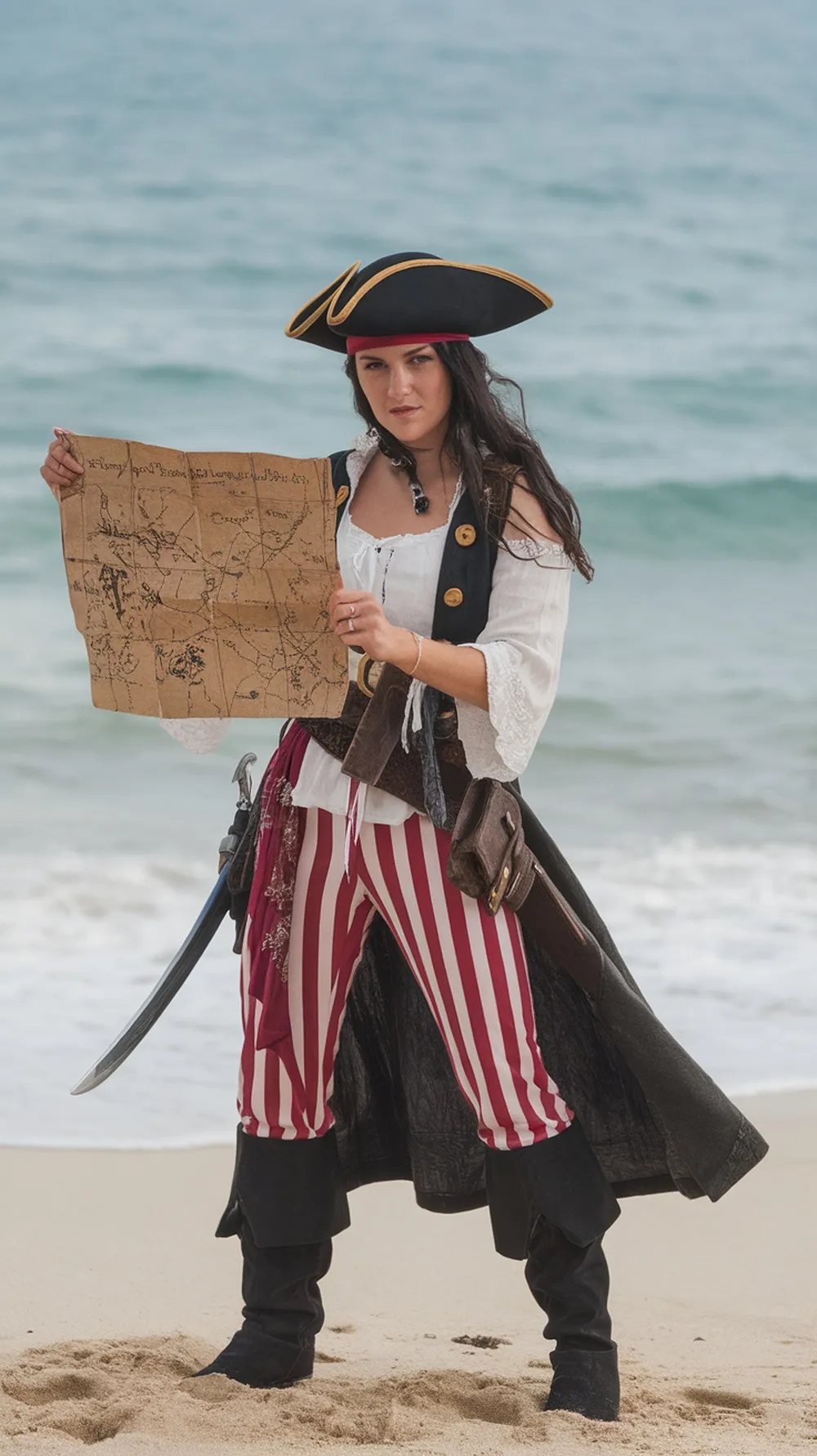A woman dressed in a pirate costume holding a treasure map on a beach