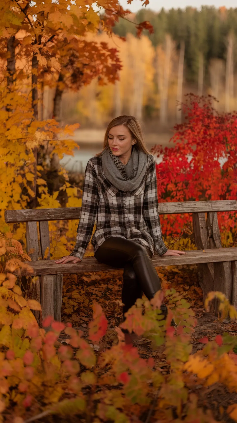A woman wearing a flannel shirt and leather leggings sitting on a bench surrounded by autumn leaves.
