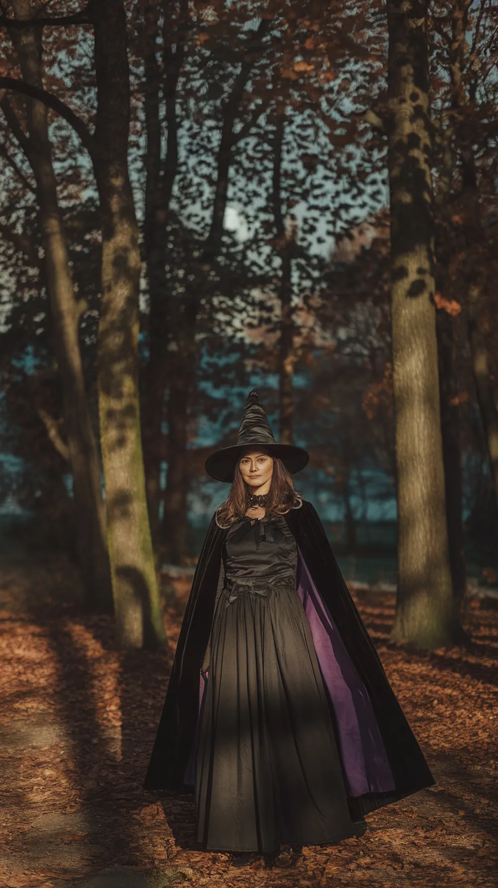 A woman in a classic witch costume with a black dress and pointed hat standing in a forest with autumn leaves.