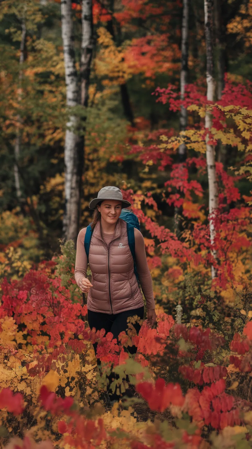 A woman wearing a puffer vest over a long-sleeve top, walking through colorful autumn foliage.