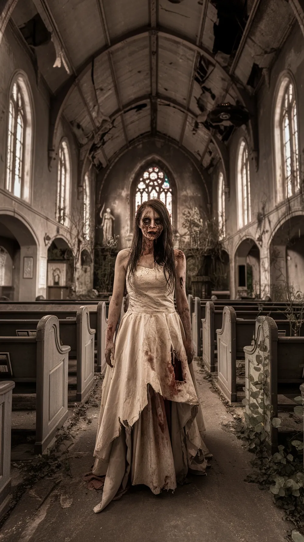 A zombie bride standing in an abandoned church, wearing a tattered white dress with blood stains.