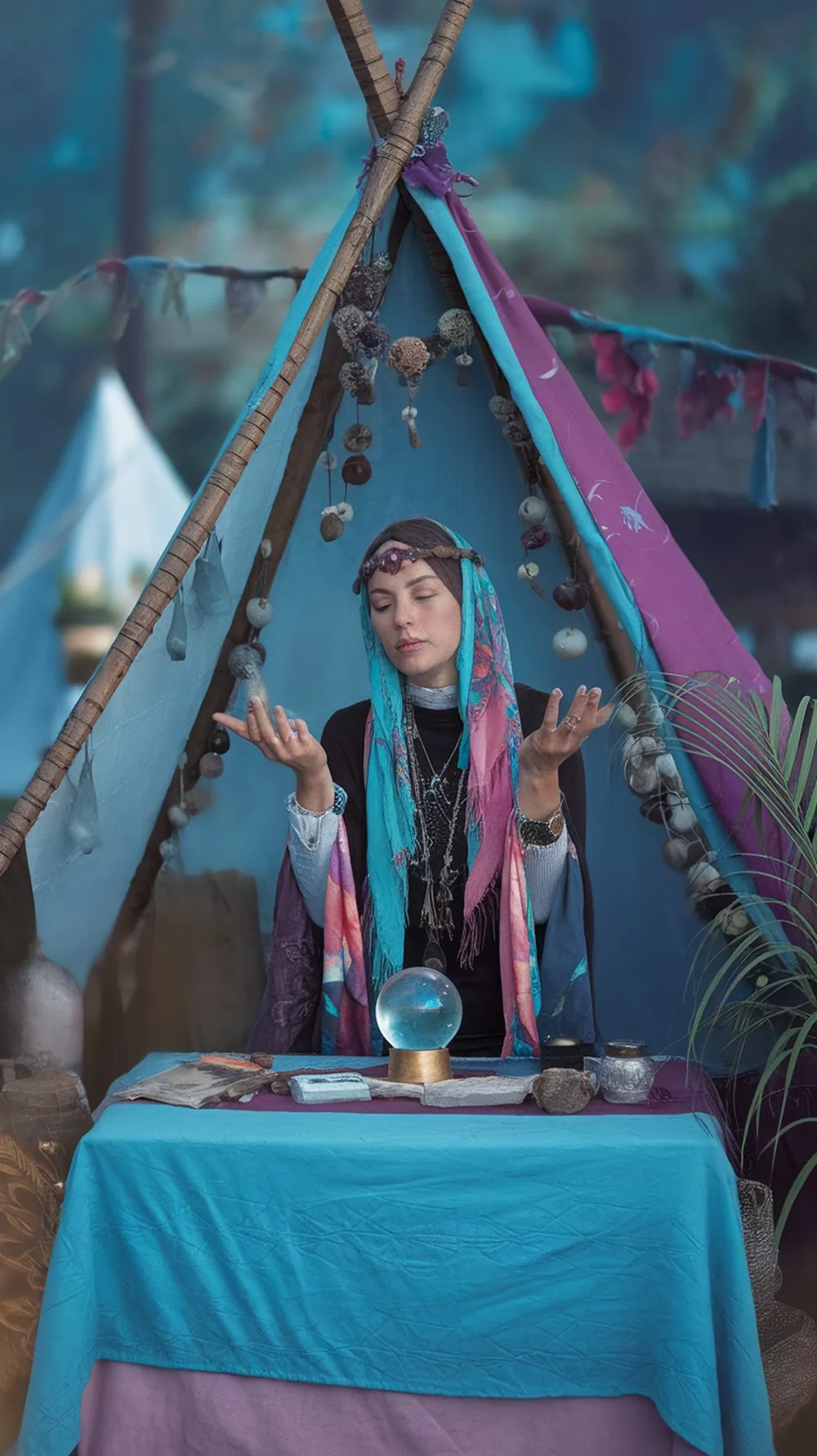 A woman dressed as a fortune teller with colorful scarves and a crystal ball, set in a mystical tent.