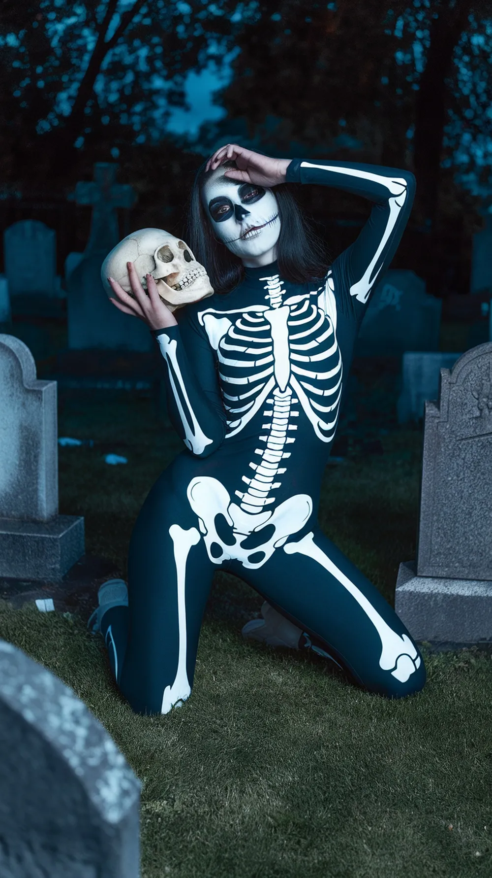 Woman in a skeleton costume holding a skull in a graveyard
