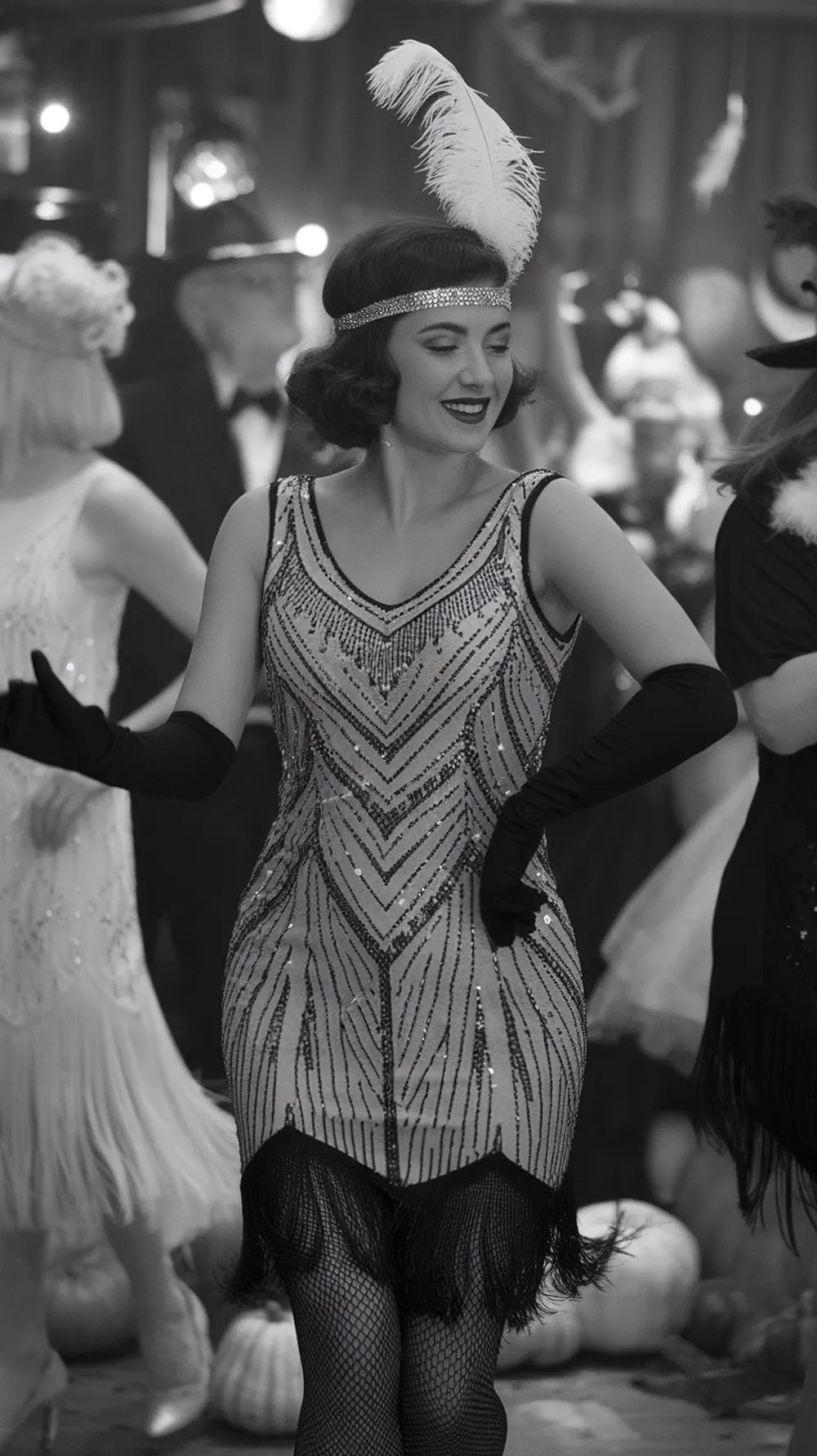 A woman dressed as a glamorous 1920s flapper, wearing a sequined dress and a feathered headband, dancing at a party.