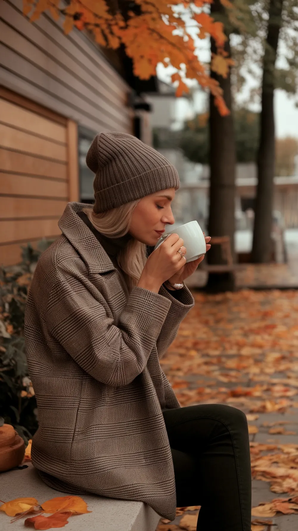 A woman wearing a wool hat and plaid coat, sipping a drink in an autumn setting with fallen leaves.