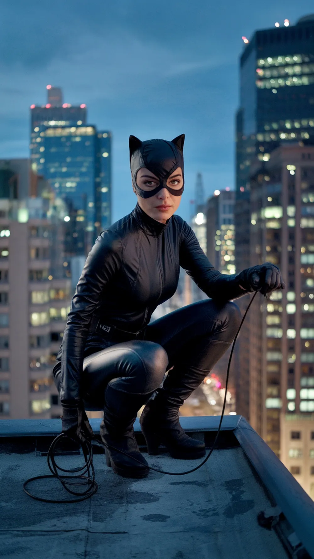 A woman dressed as Catwoman, wearing a black catsuit and mask, crouching on a rooftop with a city skyline in the background.
